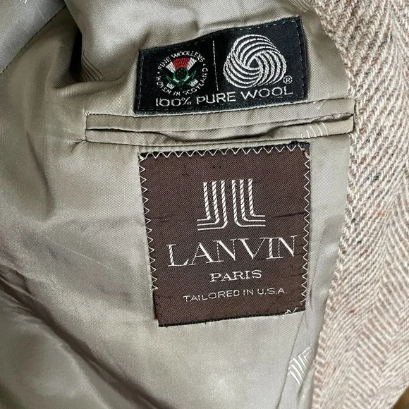 Vintage Lanvin Paris Luxury 100% Pure Scottish Wool Tweed Blazer Leather Accent - Picture 4 of 8